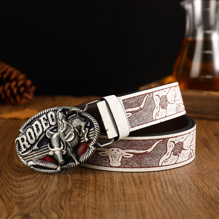 Cinturón de cuero blanco con relieve de toreo para hombre