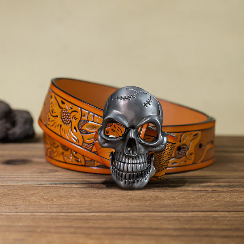 Cinturón de cuero con hebilla de movilidad de mandíbula y cabeza de calavera para hombre hecho a mano