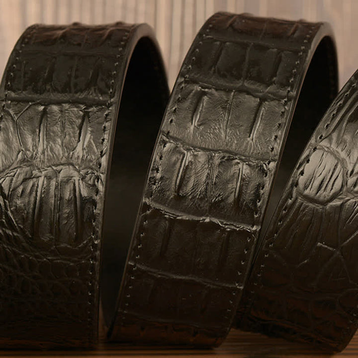 Cinturón de piel con hebilla automática y estampado de cocodrilo y cabeza de cabra para hombre