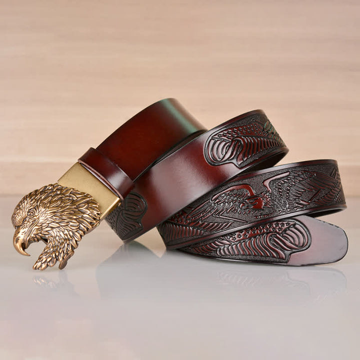 Cinturón de cuero con hebilla automática y cabeza de águila intrincada para hombre
