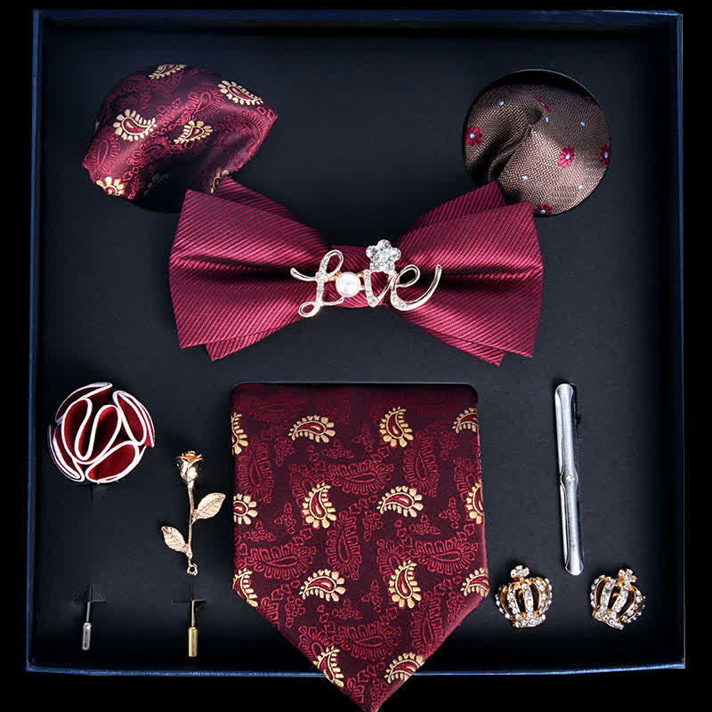 Caja de regalo con 8 pajaritas de lujo con estampado noble en rojo y dorado.