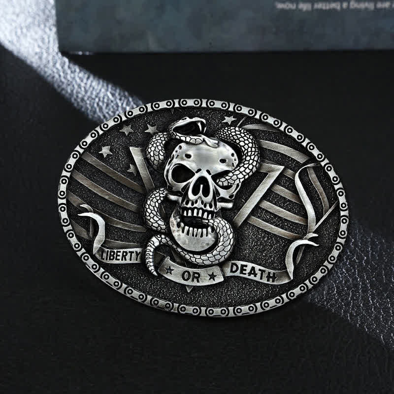 Cinturón de cuero con hebilla de calavera de serpiente "Libertad o muerte" para hombre, hecho a mano