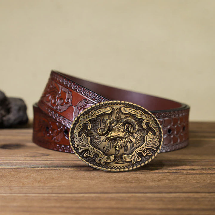 Cinturón de cuero con hebilla de cabeza de cabra salvaje de bronce para hombre hecho a mano