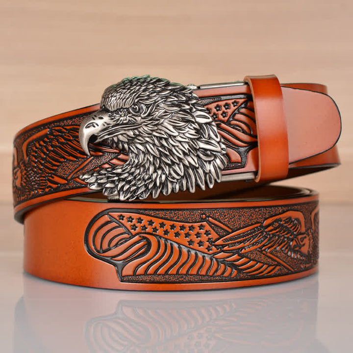 Cinturón de cuero con hebilla automática y cabeza de águila intrincada para hombre