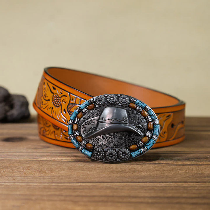 Cinturón de cuero con hebilla de piedra turquesa para sombrero de vaquero para hombre hecho a mano