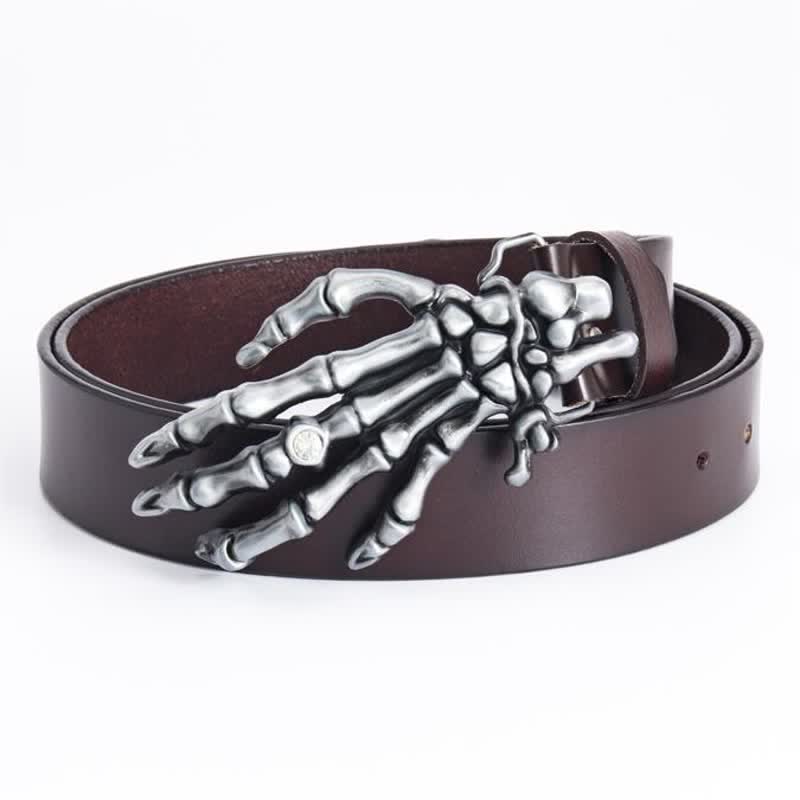 Cinturón de cuero con diseño de mano de esqueleto estilo rock punk para hombre