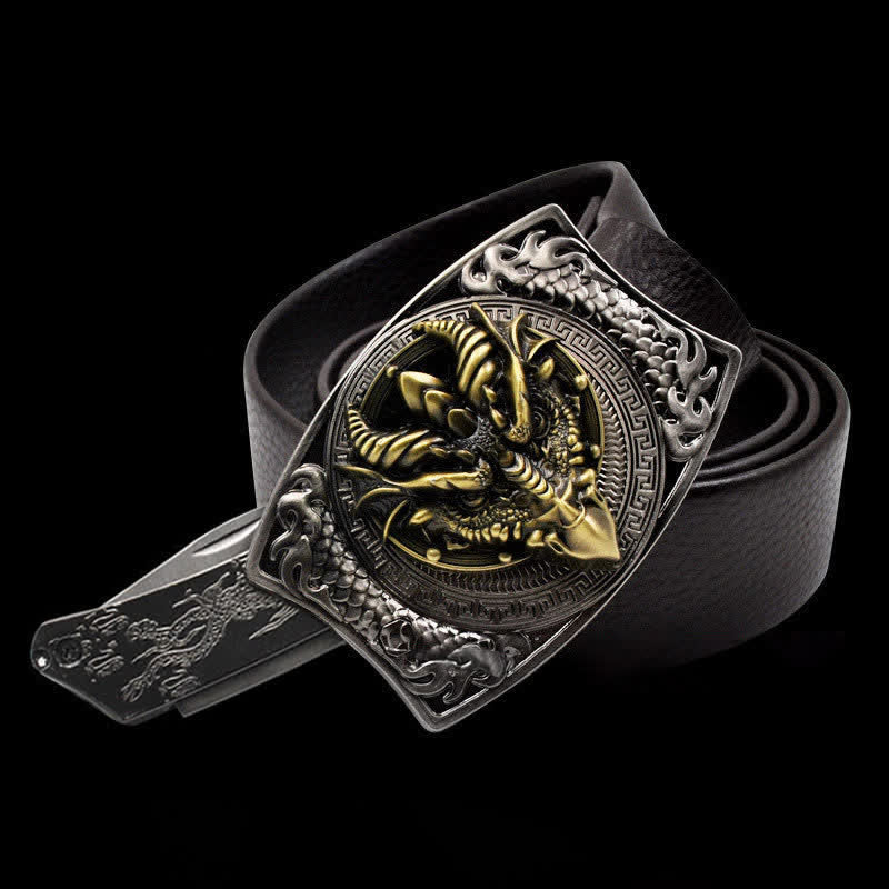 Cinturón de cuero con diseño de dragón de pico afilado para hombre con navaja plegable