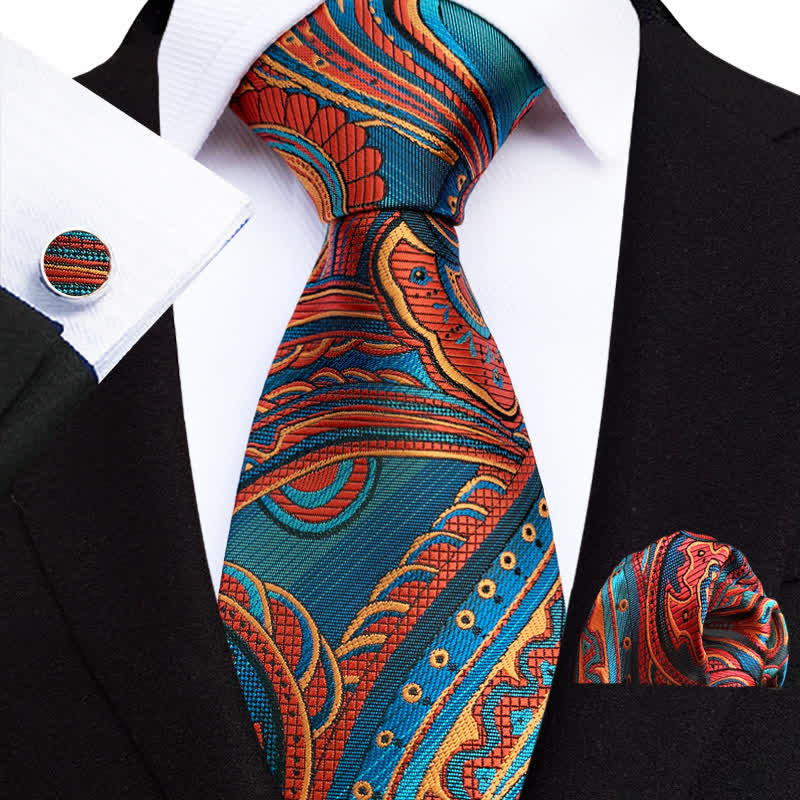 Conjunto de 3 corbatas con estampado de cachemira naranja y verde azulado para hombre