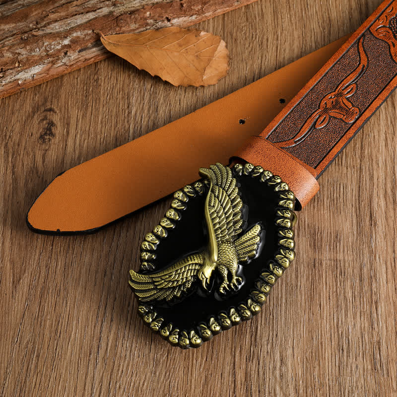 Cinturón de cuero con águila dorada antigua y halcón volador para hombre