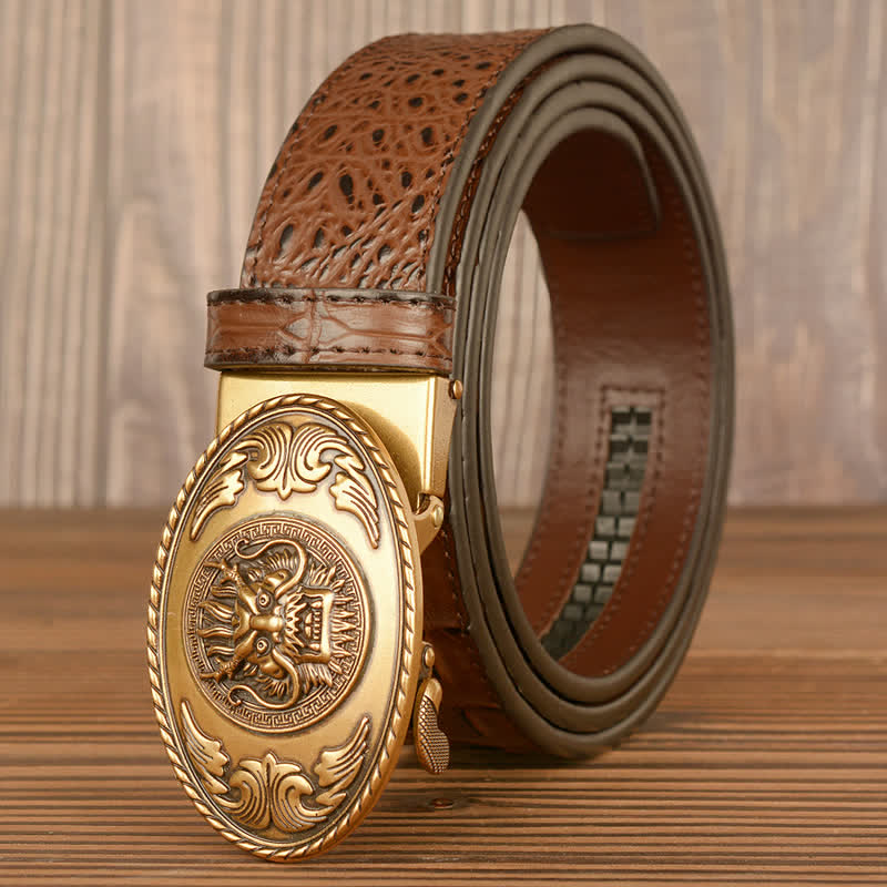 Cinturón de cuero con estampado de cocodrilo y cabeza de dragón para hombre