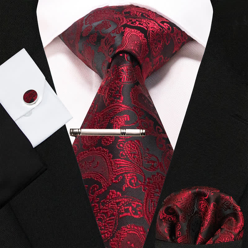 Conjunto de 4 corbatas exquisitas de cachemira para hombre en color carmesí y negro