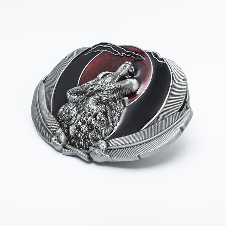 Cinturón de cuero con hebilla ovalada y diseño de lobo aullador y luna para hombre