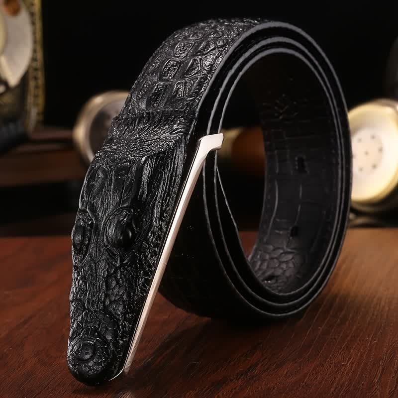 Cinturón de cuero con hebilla de cabeza de cocodrilo realista para hombre