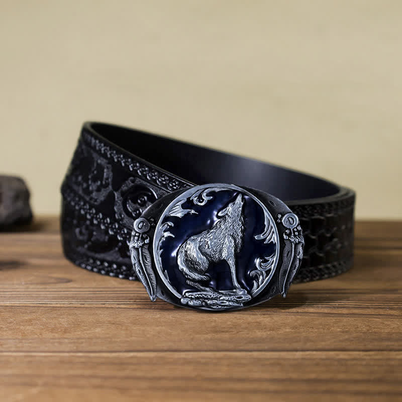 Cinturón de cuero con hebilla de lobo aullador esmaltado para hombre hecho a mano