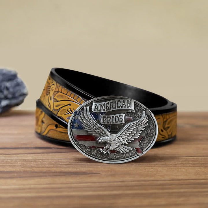 Cinturón de cuero con hebilla de águila American Pride para hombre, hecho a mano
