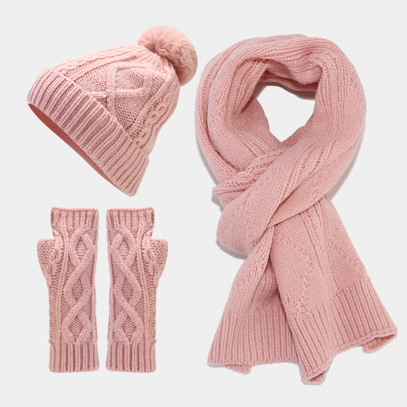 Conjunto de 3 piezas de gorro, bufanda y manoplas sin dedos de punto con cable para mujer