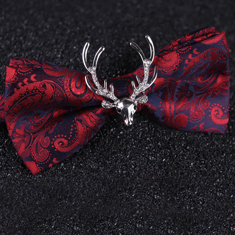 Pajarita con decoración de cabeza de alce navideña de cachemira para hombre - Rojo y plata - image 10