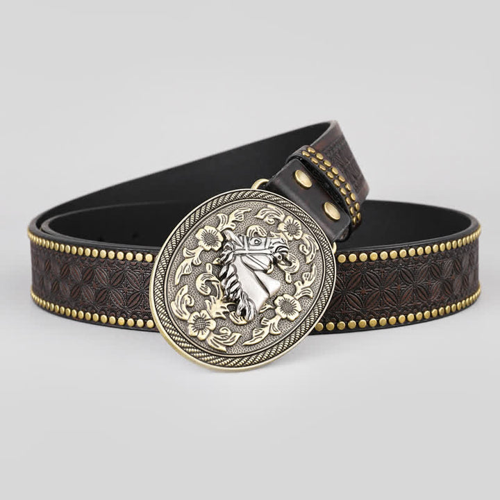Cinturón de cuero con detalle de flor en relieve y cabeza de caballo para hombre