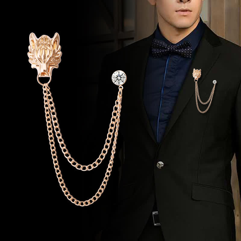 Broche de cadena con el lobo del rey del bosque para hombre