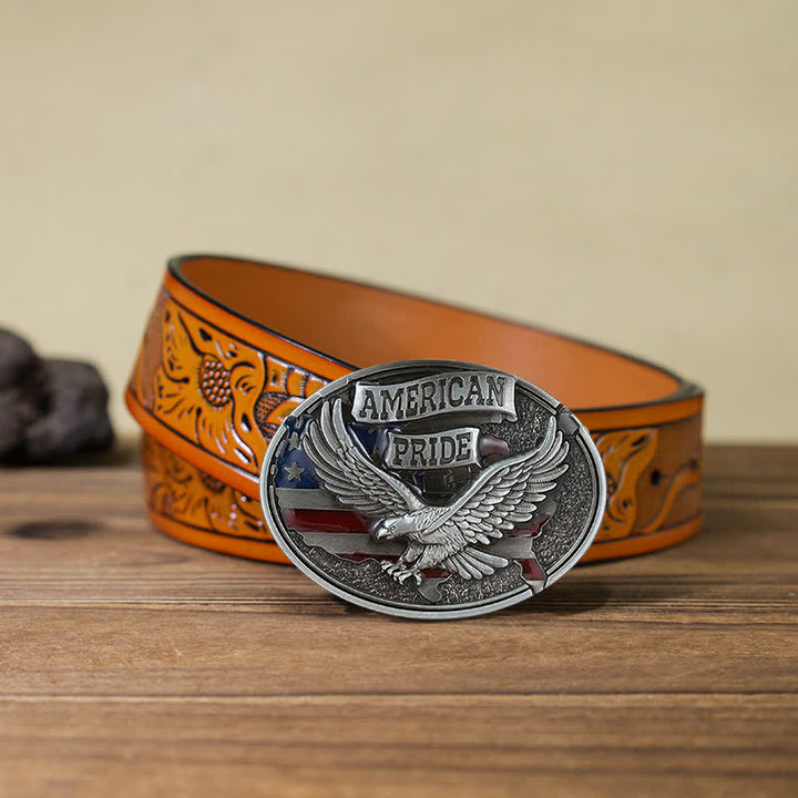 Cinturón de cuero con hebilla de águila American Pride para hombre, hecho a mano