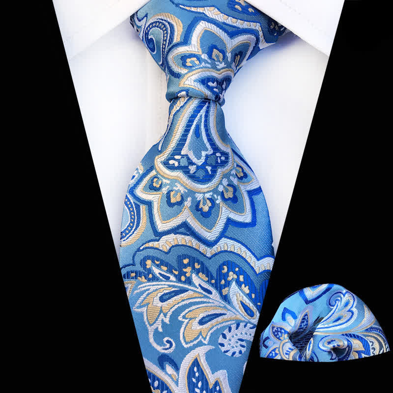 Conjunto de 2 corbatas y pañuelos azules con estampado de cachemira para hombre
