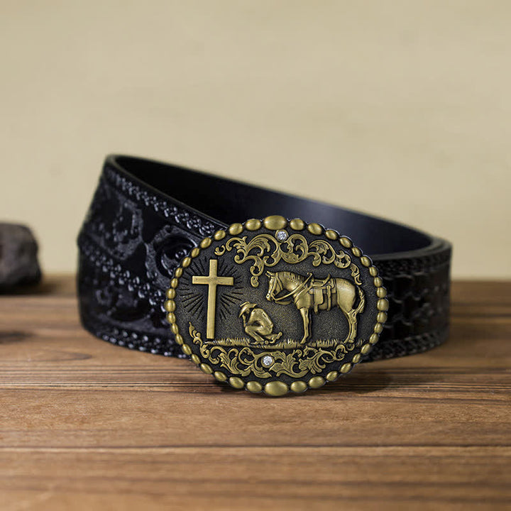 Cinturón de cuero con hebilla de cruz de rodillas para hombre, hecho a mano