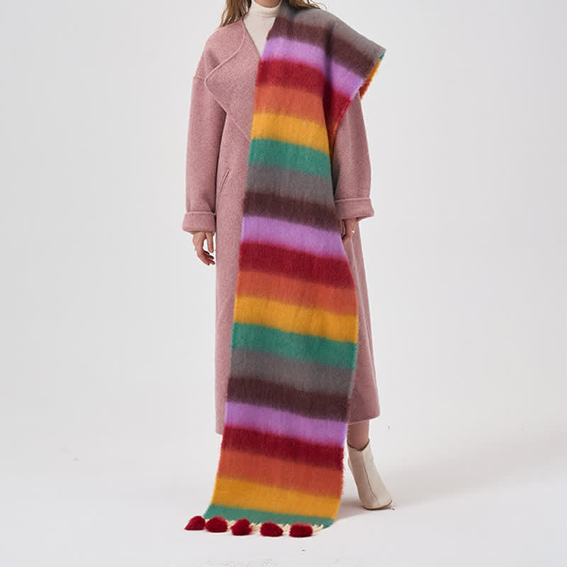 Bufanda de mujer con borlas y rayas de colores del arco iris
