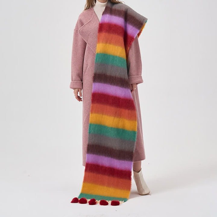 Bufanda de mujer con borlas y rayas de colores del arco iris