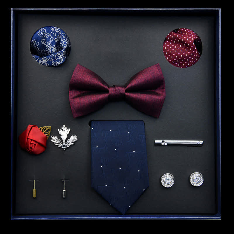 Caja de regalo con 8 pajaritas clásicas de negocios para hombre en color burdeos y azul