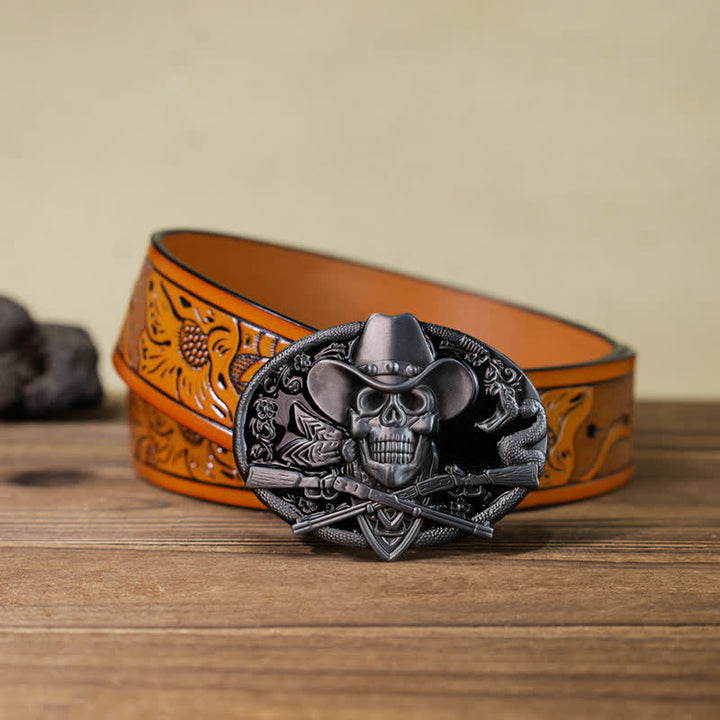 Cinturón de cuero con hebilla de calavera y pistola cruzada para hombre hecho a mano