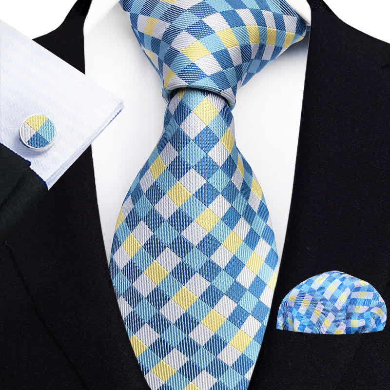 Conjunto de 3 corbatas a cuadros en azul cielo y amarillo para hombre