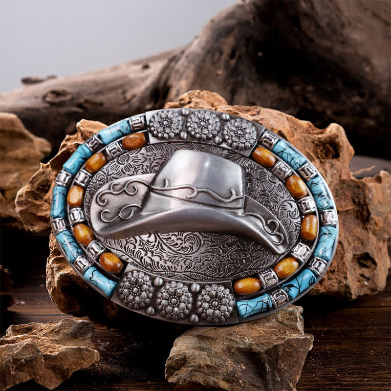 Cinturón de cuero con hebilla de piedra turquesa para sombrero de vaquero para hombre hecho a mano