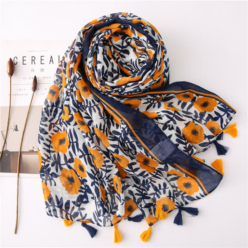 Bufanda con borlas y estampado floral bohemio para mujer