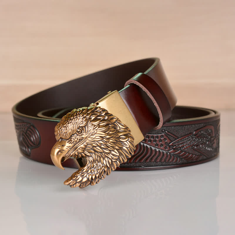 Cinturón de cuero con hebilla automática y cabeza de águila intrincada para hombre