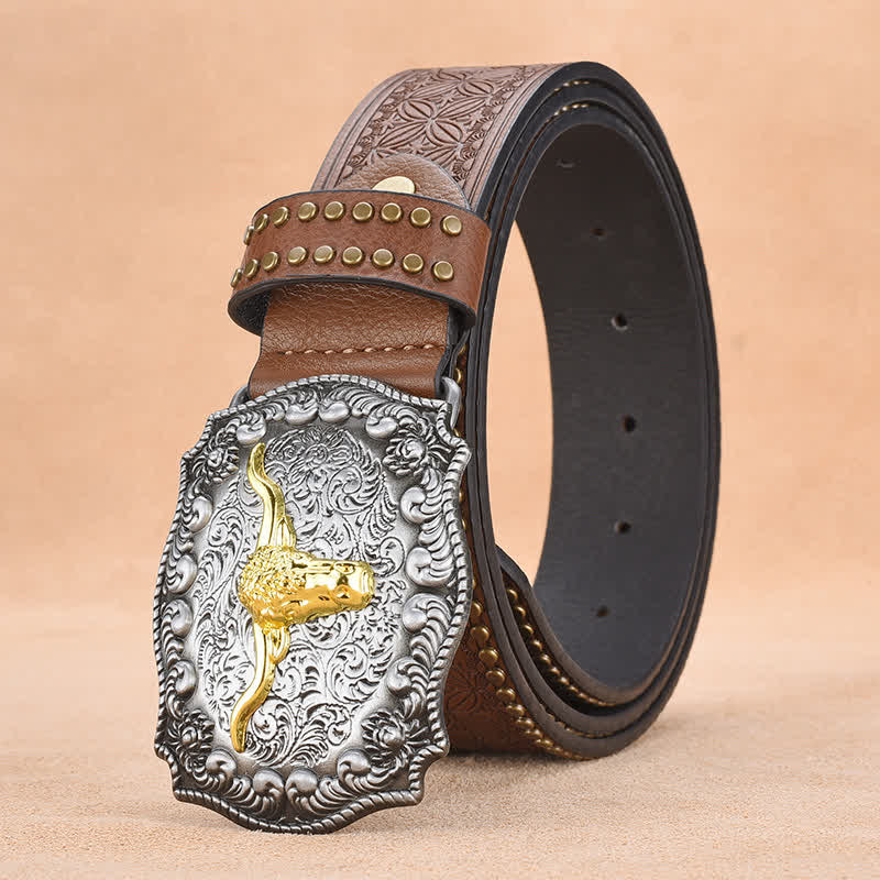 Cinturón de cuero de toro longhorn dorado con remaches punk para hombre