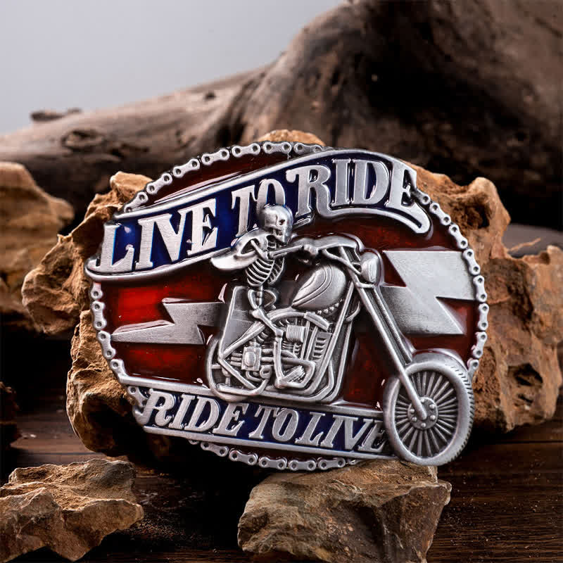 Cinturón de cuero con hebilla Live to Ride de calavera para hombre, hecho a mano