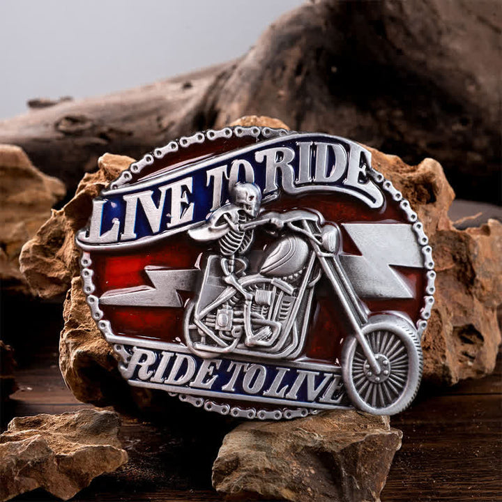 Cinturón de cuero con hebilla Live to Ride de calavera para hombre, hecho a mano