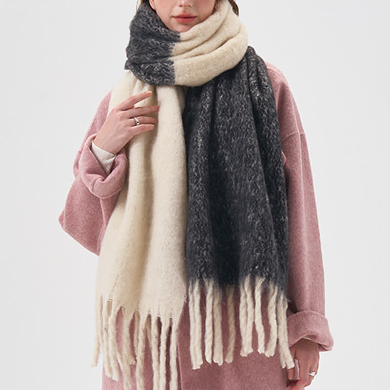 Bufanda sencilla de invierno de dos tonos con flecos para mujer