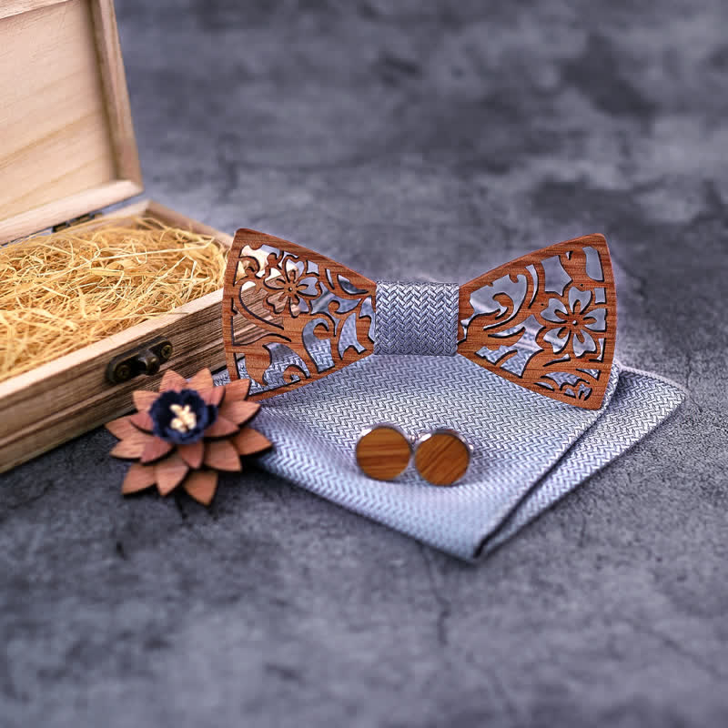 Juego de 4 pajaritas de madera huecas con diseño floral para hombre