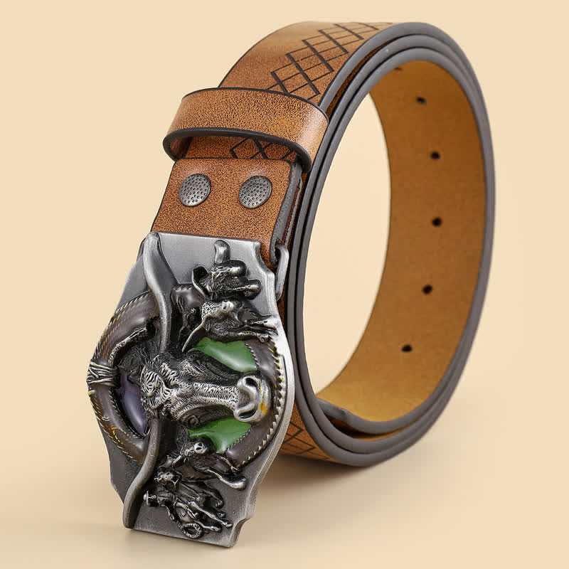 Cinturón de cuero de toro de cuernos largos tallado para hombre