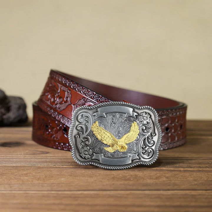 Cinturón de cuero con hebilla de animal tallado en oro para hombre hecho a mano