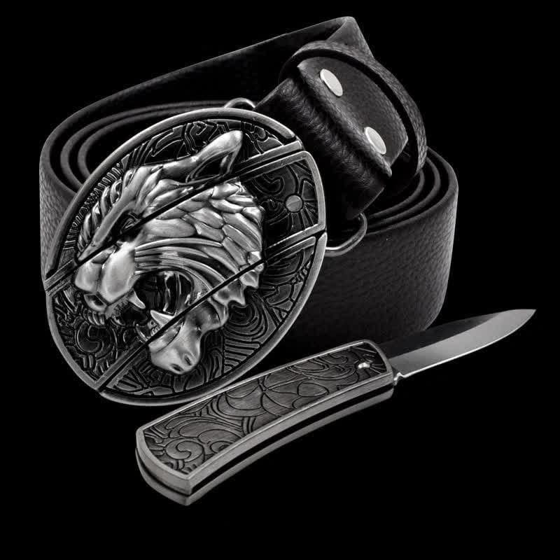 Cinturón de cuero con diseño de tigre rugiente para hombre con navaja plegable