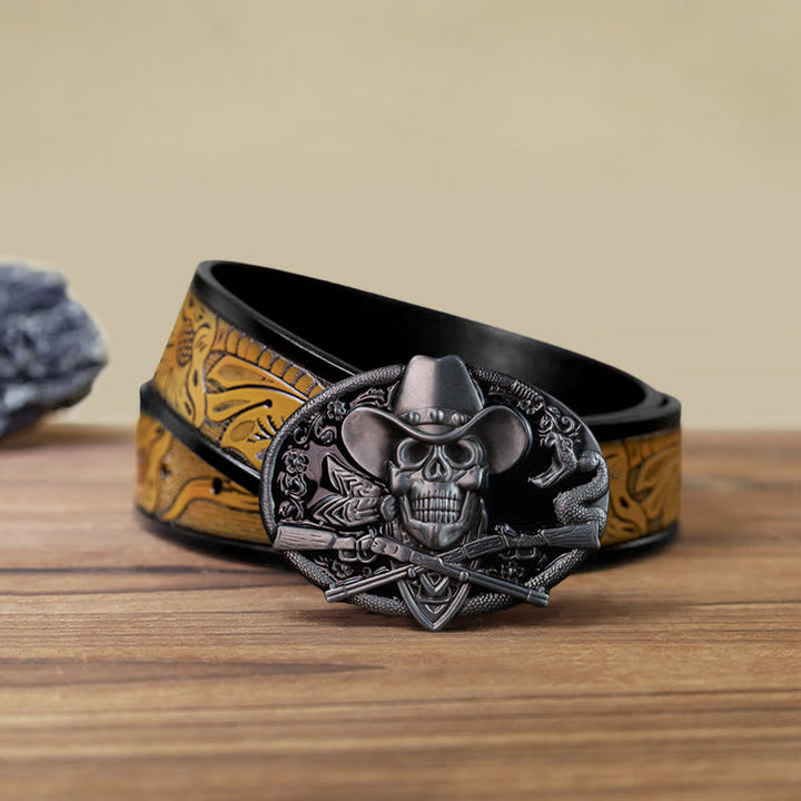 Cinturón de cuero con hebilla de calavera y pistola cruzada para hombre hecho a mano