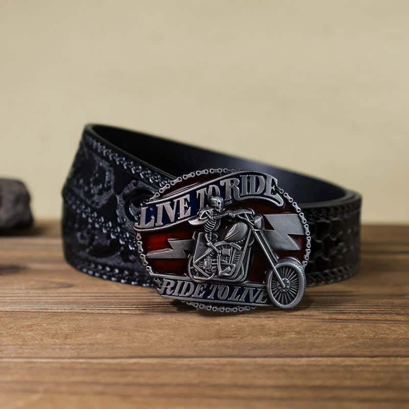 Cinturón de cuero con hebilla Live to Ride de calavera para hombre, hecho a mano
