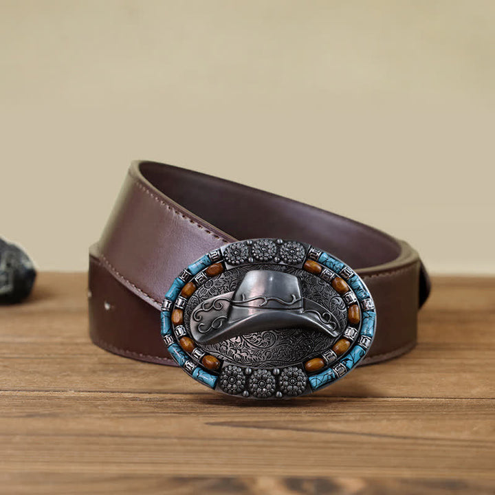 Cinturón de cuero con hebilla de piedra turquesa para sombrero de vaquero para hombre hecho a mano