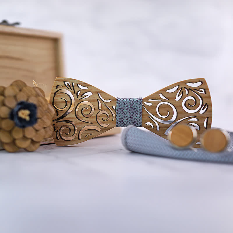 Juego de 4 pajaritas de madera con diseño de hojas huecas para hombre.