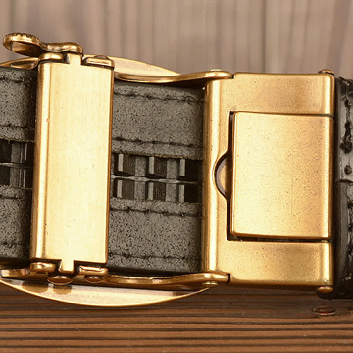 Cinturón de piel con estampado de caimán y cabeza de león para hombre