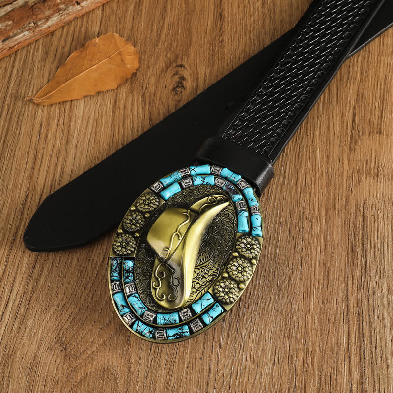 Cinturón de cuero con decoración turquesa y sombrero de vaquero dorado para hombre
