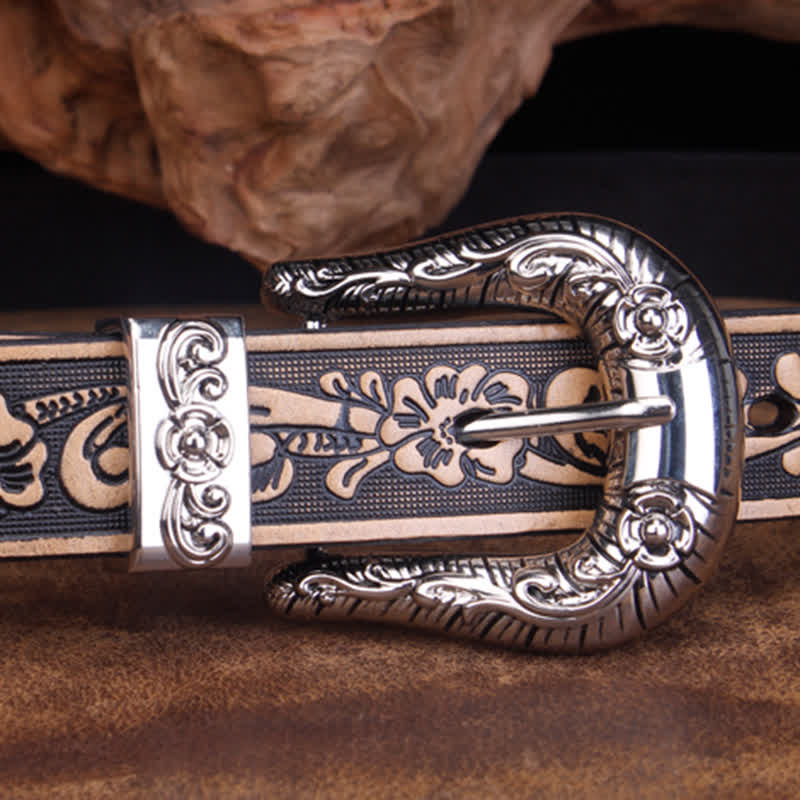 Cinturón unisex vintage de piel con estampado de rosas pequeñas