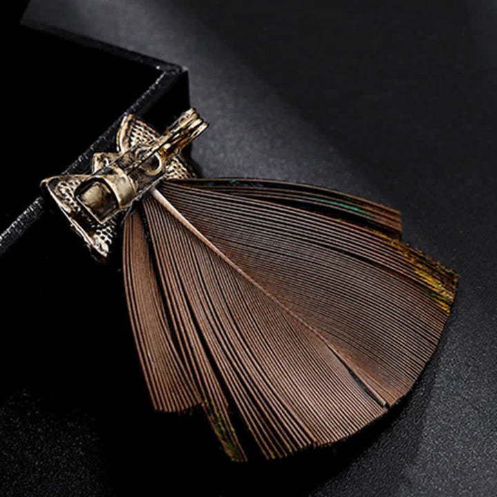 Precioso broche de plumas de pavo real y búho para mujer